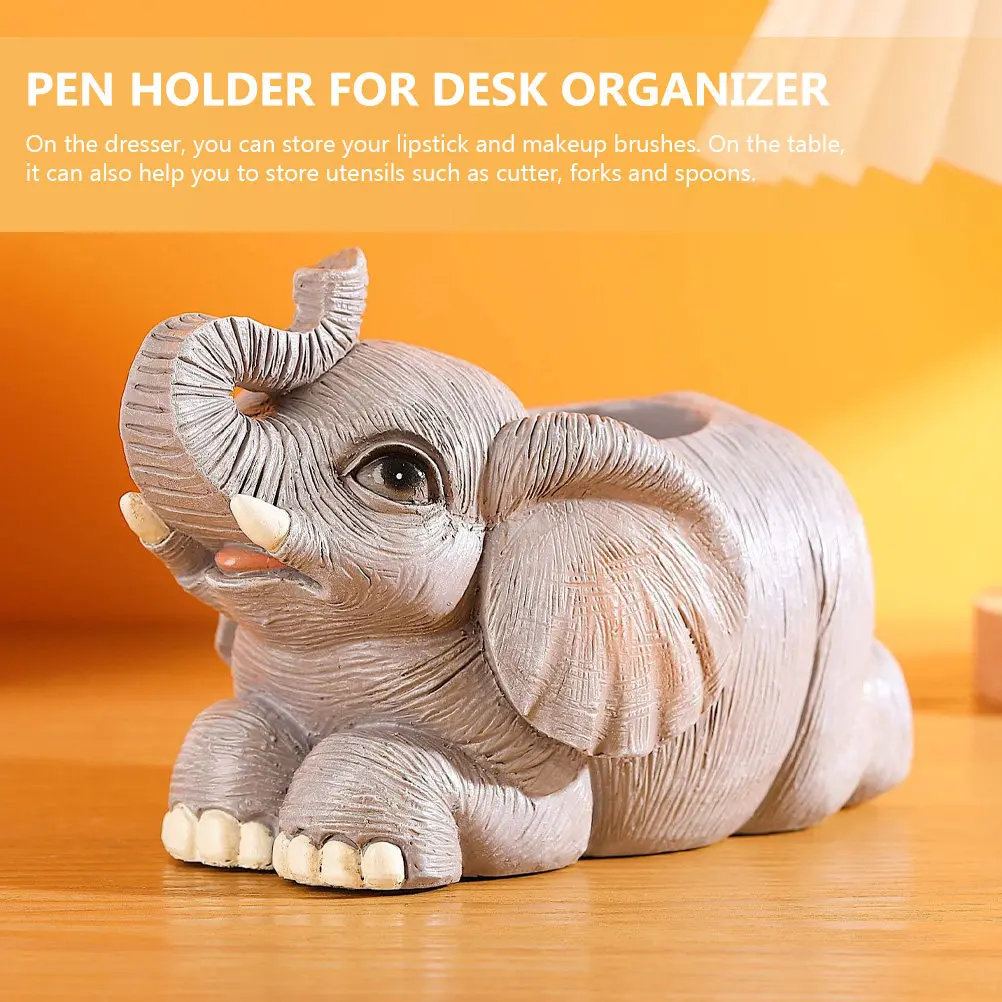 Elephant Pen Holder Resin Desktop Organizer Cute Animal Desk Decor for Pens Pencils Makeup Brushes