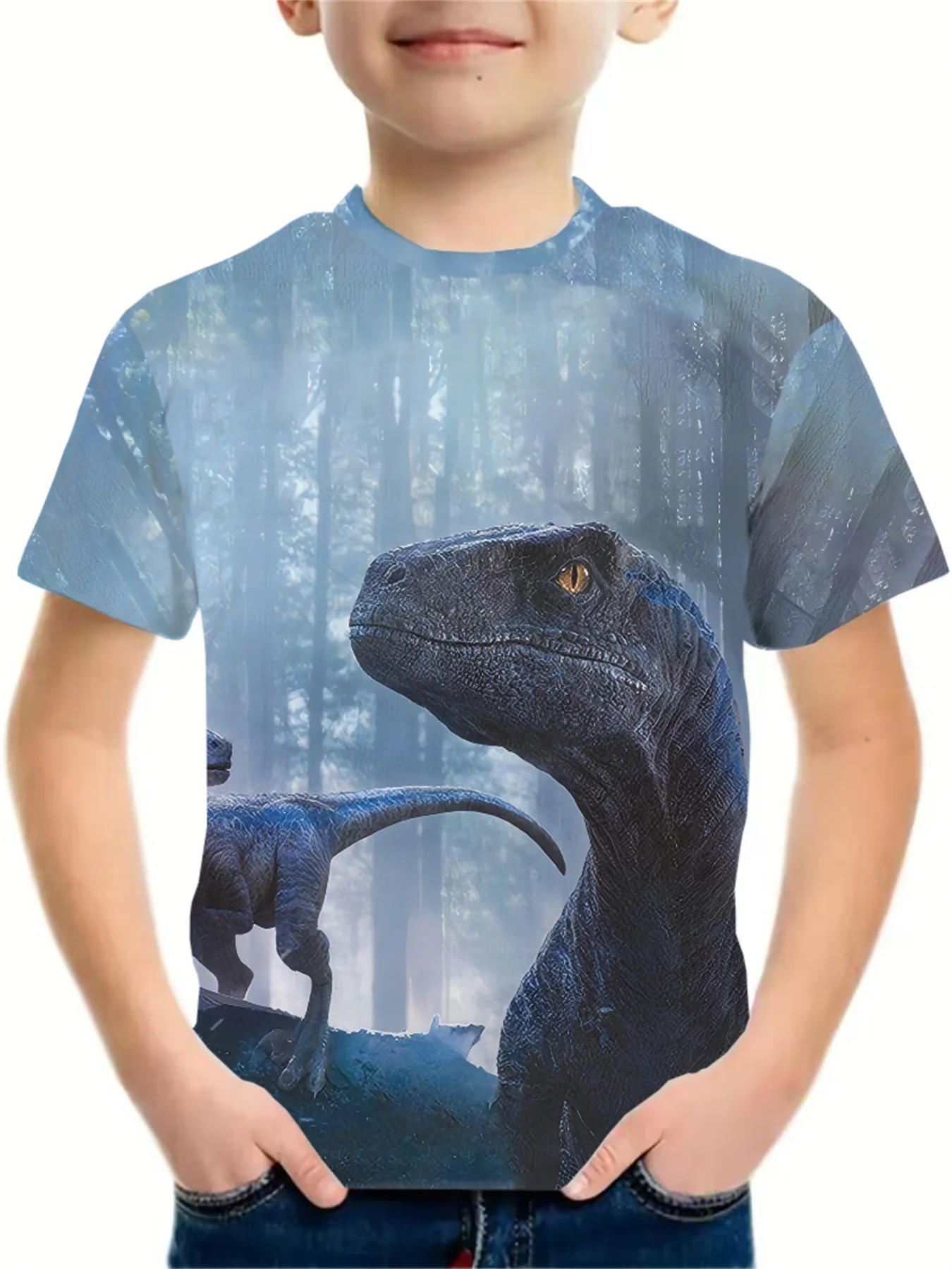 Boys Summer 3D Dinosaur Print Short Sleeve Casual Dinosaur Tee, Round Neck Street Style Versatile Short Sleeve T-Shirt for Boys