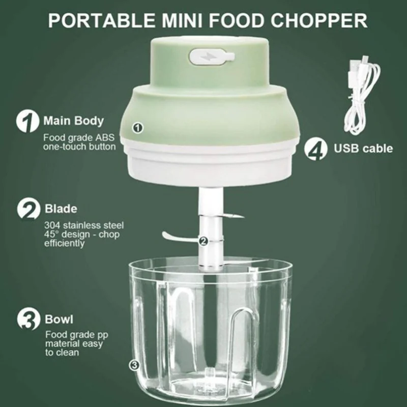 Electric Garlic Chopper USB Charging Cordless 3 Blades Garlic Masher Machine For Seasonings Meat Food Supplement Blender
