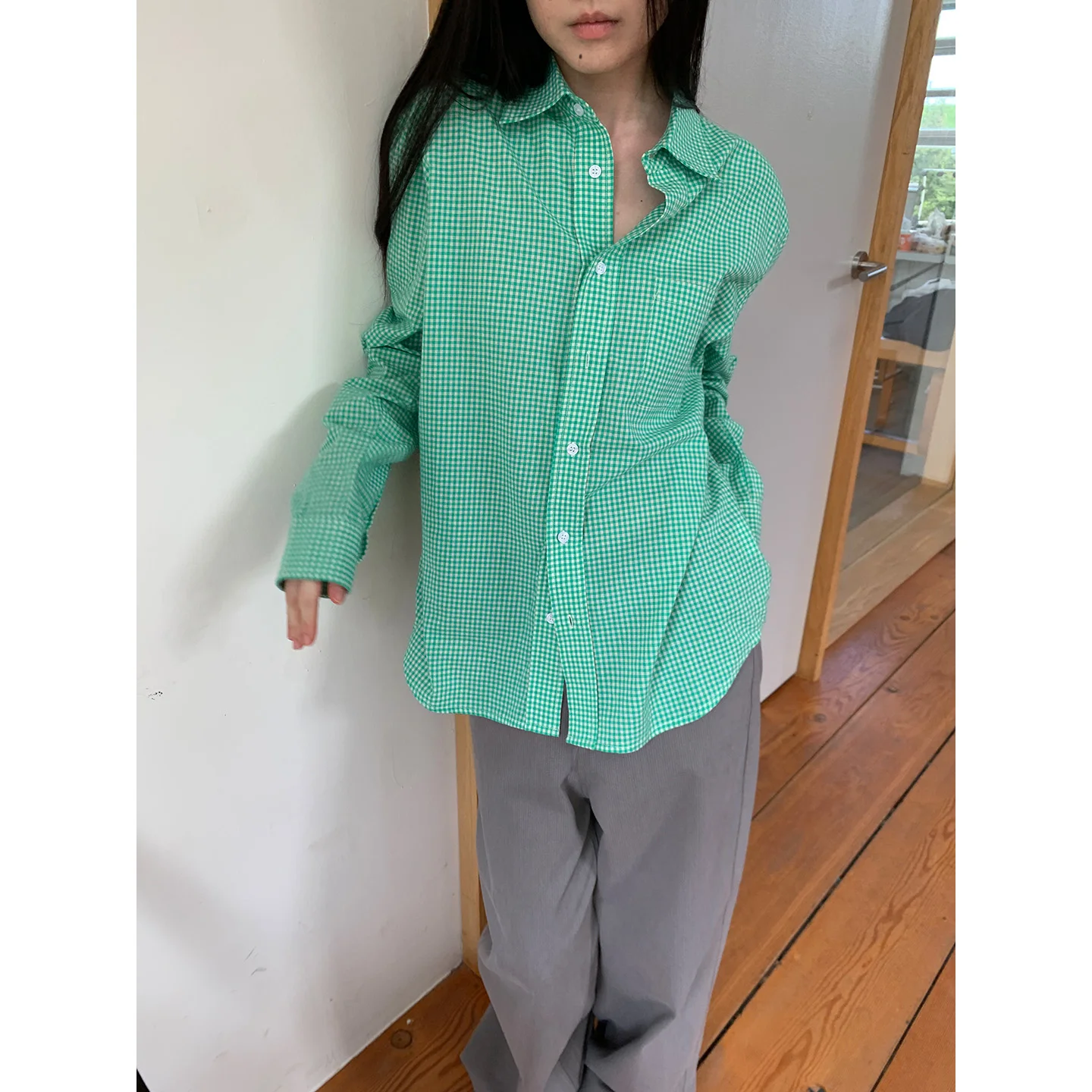 Retro Plaid Long Sleeve Women's Shirt Loose Fit Slimming Inner Wear Korean Style Autumn Winter Checkered Pattern Button up