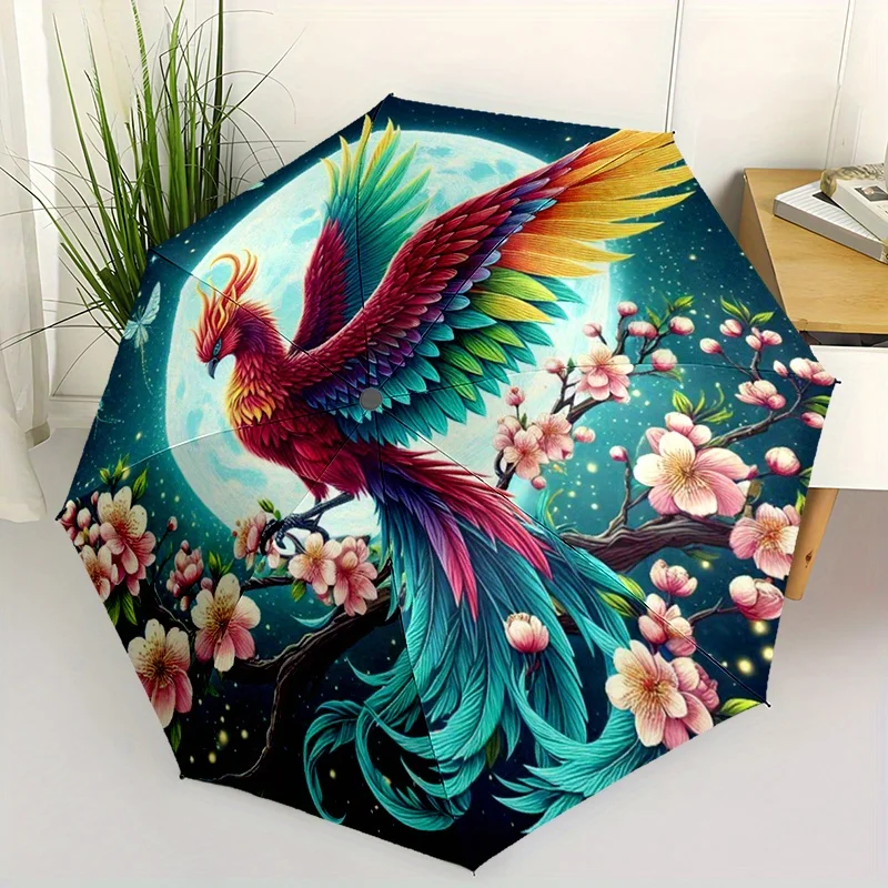 

1pc Colorful Phoenix Design Automatic Portable Umbrella - Durable Metal Frame and Plastic Handle, Vivid and Cute Fashionable D