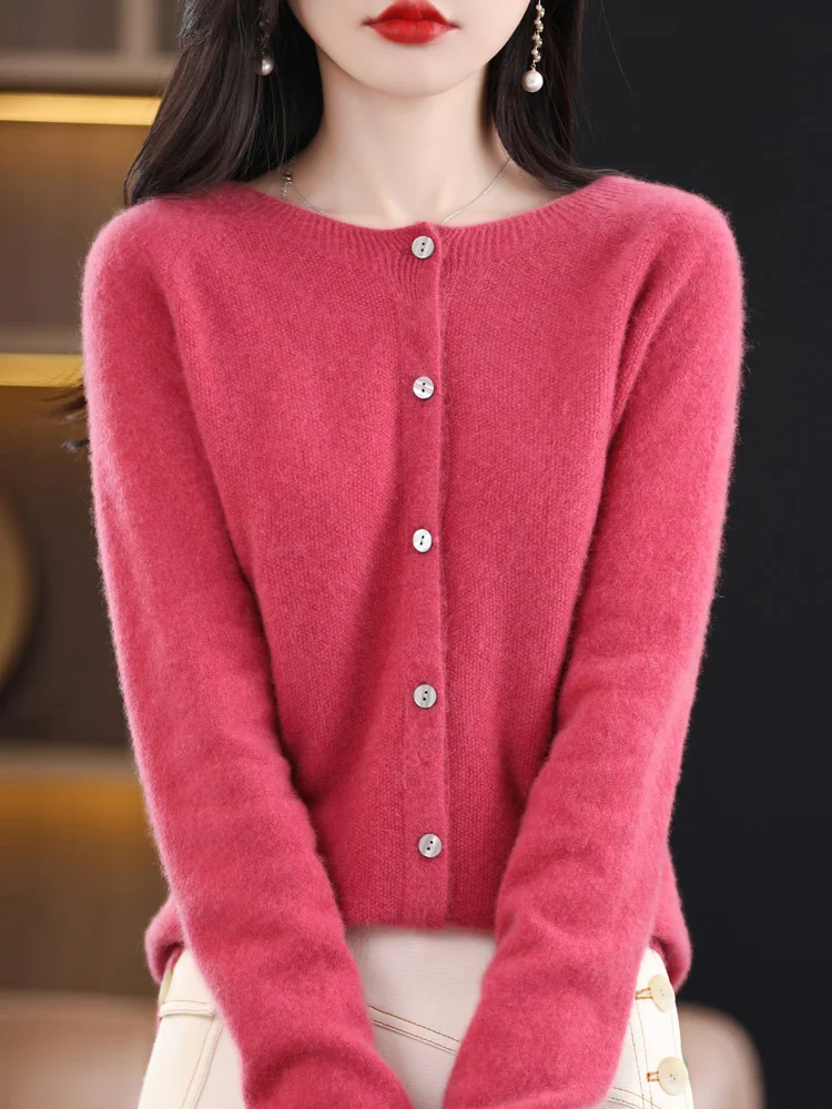 

New Spring Autumn O-neck Long Sleeve Solid Color Single-Breasted Cardigan 100% Merino Wool Women' Sweater Simple Style Tops