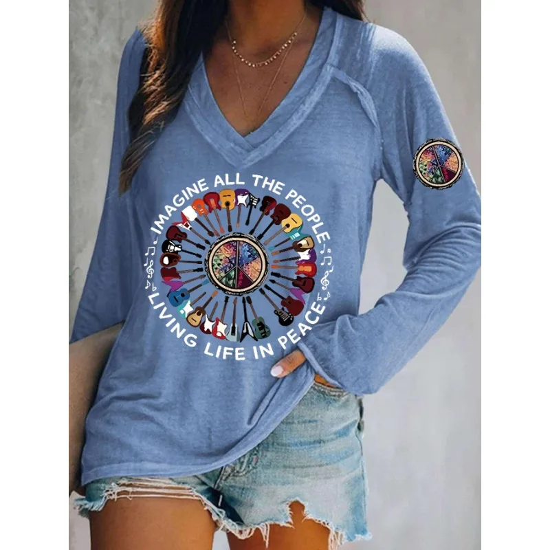 ilstile Women's Hippie Living Life in Peace Print T-Shirts Spring Summer Long Sleeve Casual Loose V Neck Tops Tees NEW