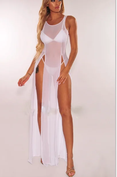 Vestido largo de malla sin mangas para mujer, traje de baño Sexy, cuello redondo, abertura, transparente, playa, Verano