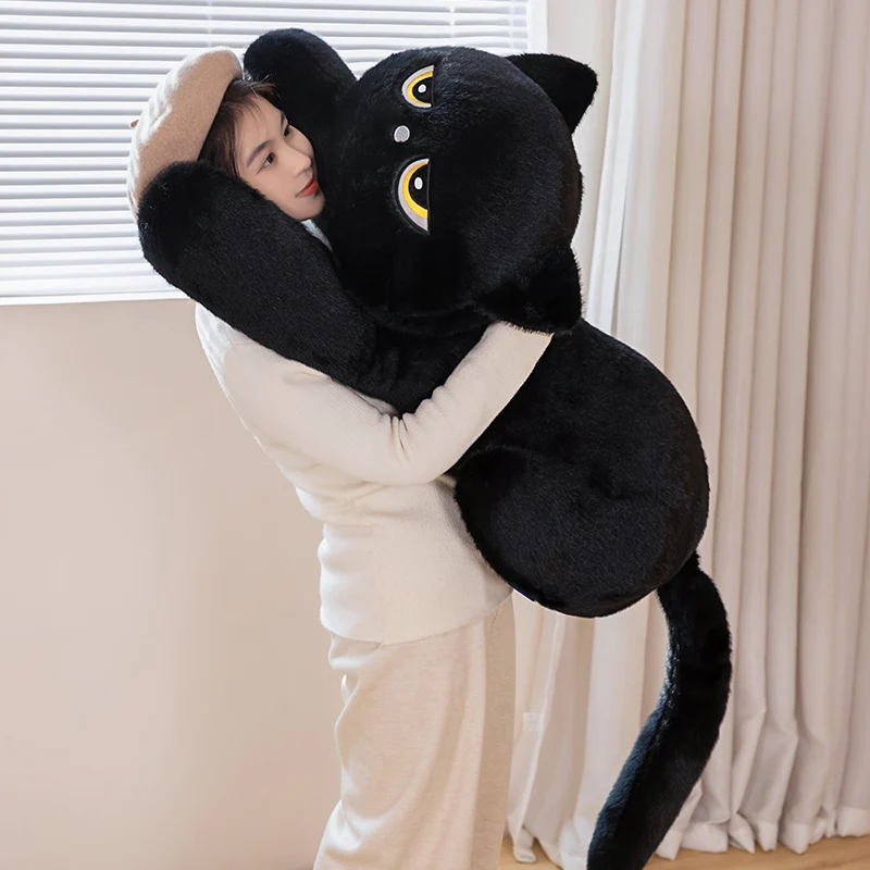 60-120cm Black Cat Plush Pillow Soft Stuffed Lying Cat Cushion Cute Sleeping Cat Design Lovely Birthday Gift Idea for Cat Lovers