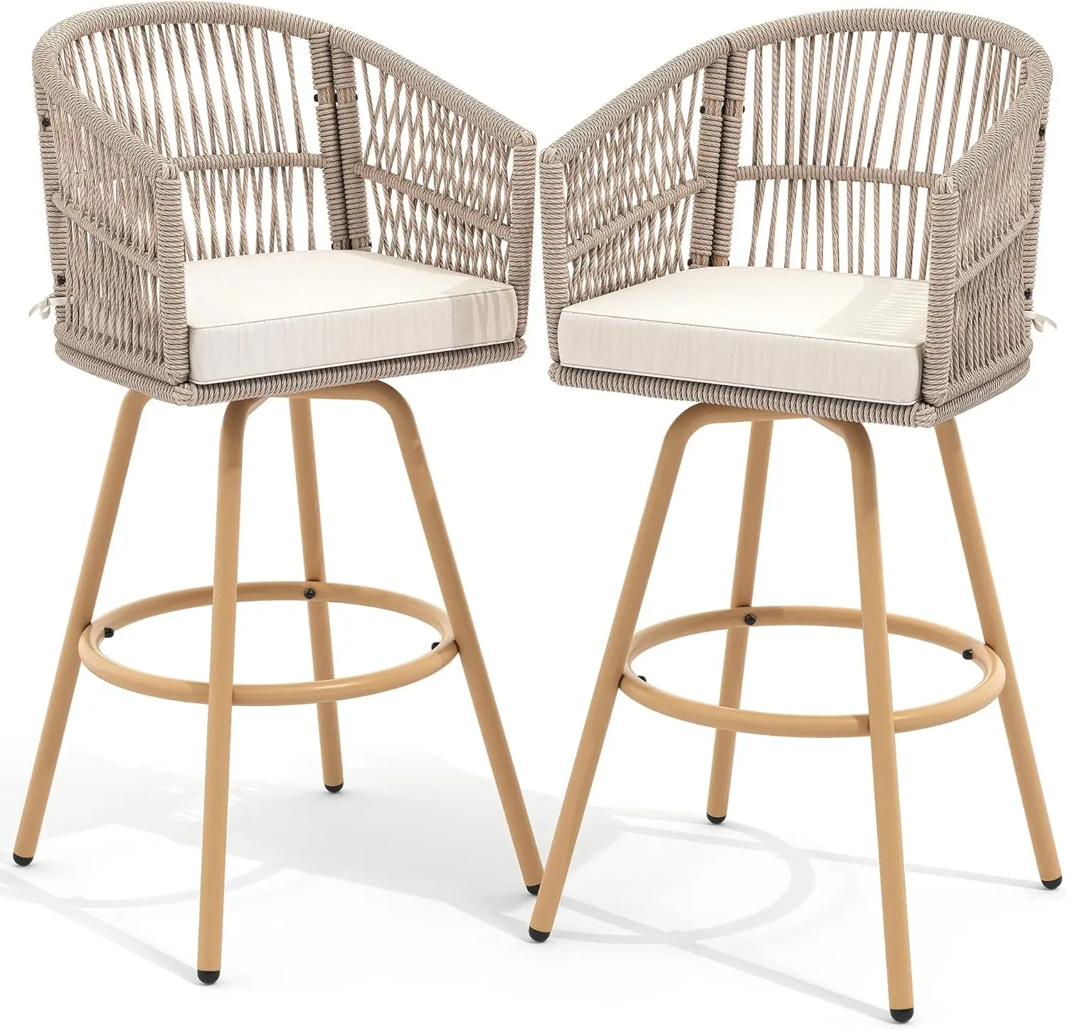 Set of 2 Outdoor Bar Stools, Rattan Wicker Swivel Patio Bar Chairs, Barstool with Soft Cushions, Back and Footrest