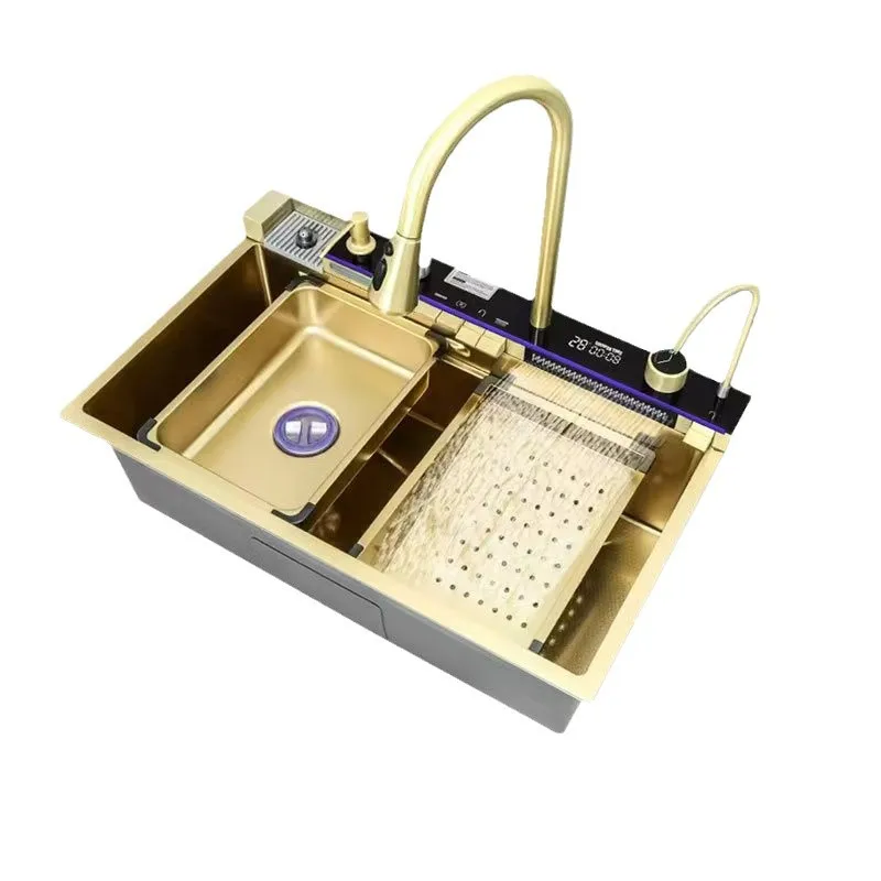 

304 Stainless Steel Single Rectangular Nano Waterfall Kitchen Sink Multifunctional Digital Display Cross-Border