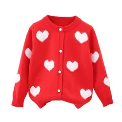 Girls Heart Printed Round Neck Sweater Cardigan Kids Plush Knit Long Sleeve Cardigan Jacket Girls Clothing