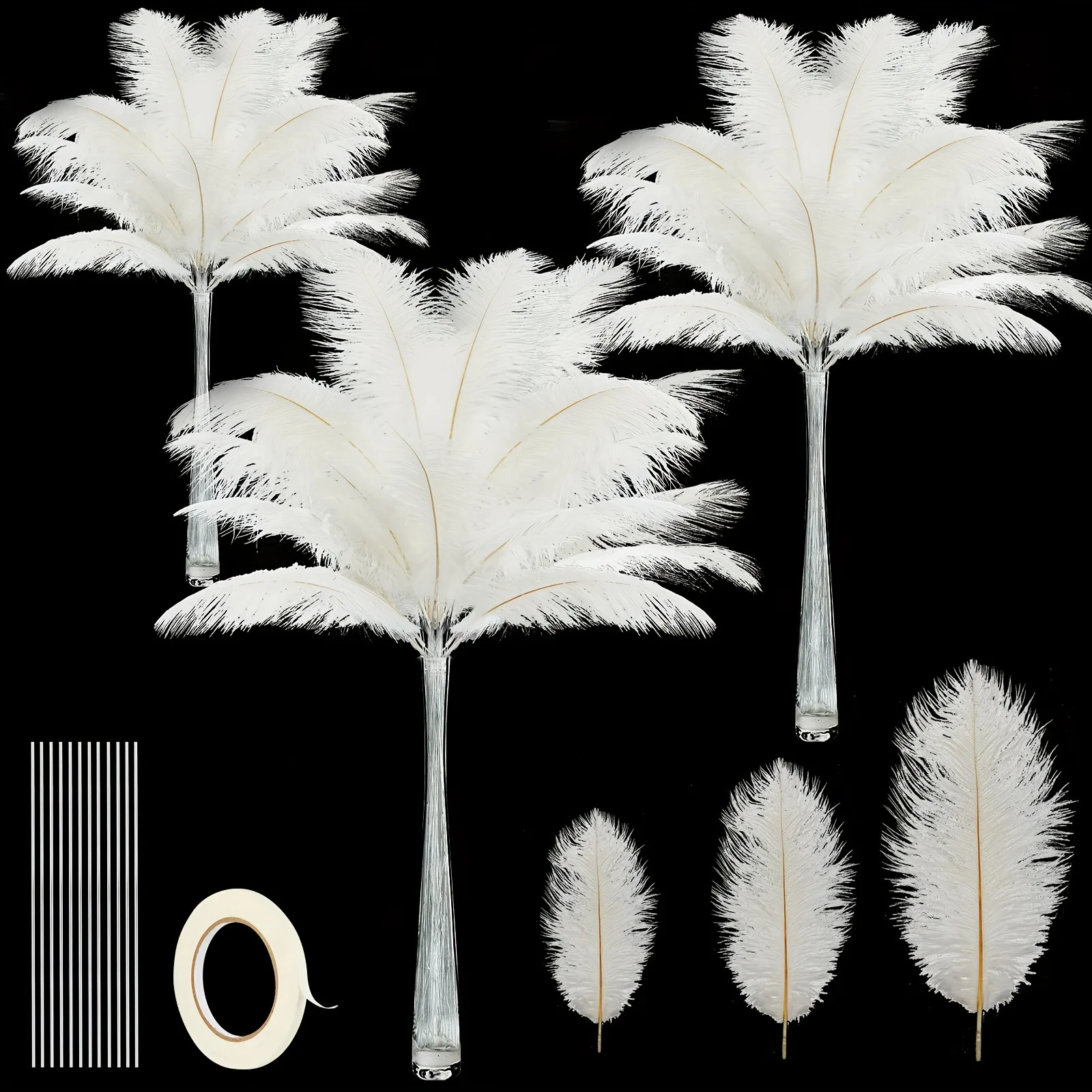 240pcs Natural White Ostrich Feathers Wedding Decoration Plumes for Flower Arrangement, Home Decor 12-14/10-12/8-10 Inch