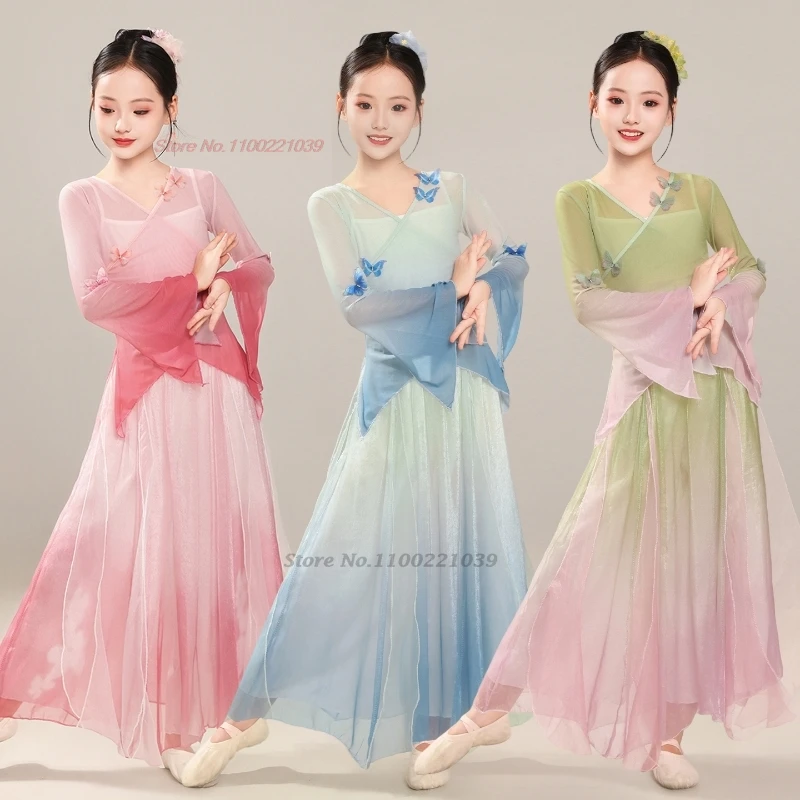 

2026 chinese vintage children dance costume traditional gradient color butterfly mesh tops+pants set stage performance dress