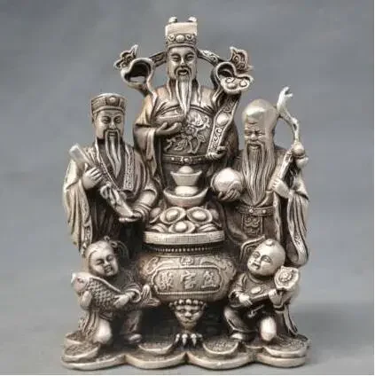 

YM 304 7 "Китайская серебряная бронза Fu Lu Shou 3 Star Мамон мальчик рыба ruyi статуя