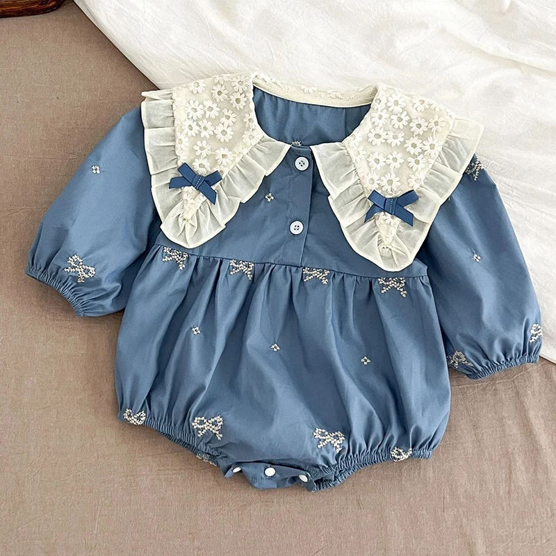 

Infant Baby Girls Romper Embroidered Bow Autumn Newborn Long Sleeve Cotton Rompers Lace Kids Baby Jumpsuit Playsuit Baby Clothes