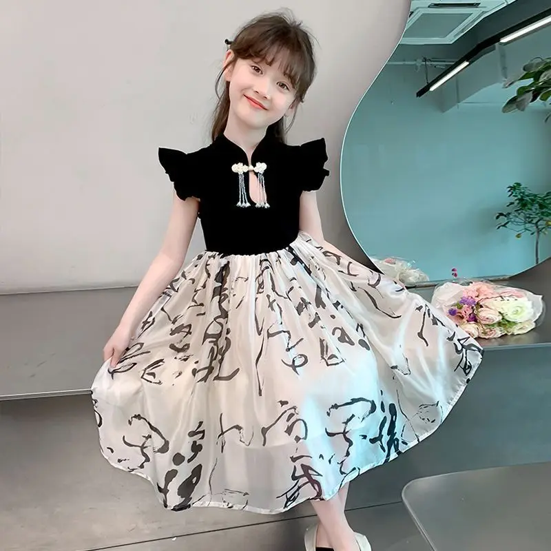 

Kids Princess Dress for Girls O-Neck Wing-Sleeve Bowknot Floral Print Embroidery 4-7 Years Summer Sweet Birthday Party Clothing
