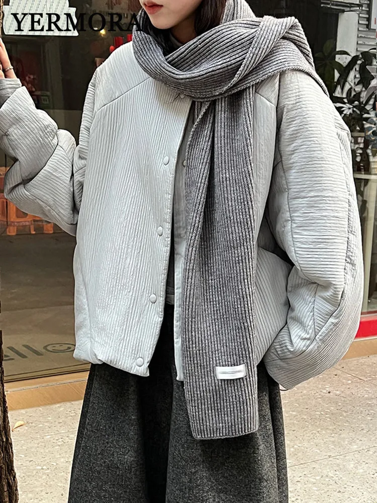 

YERMORA Gray Big Size Warm Brief Casual Cotton-Padded Coat For Woemn O-Neck Long Sleeve Loose New Parkas Fashion Winter 2025