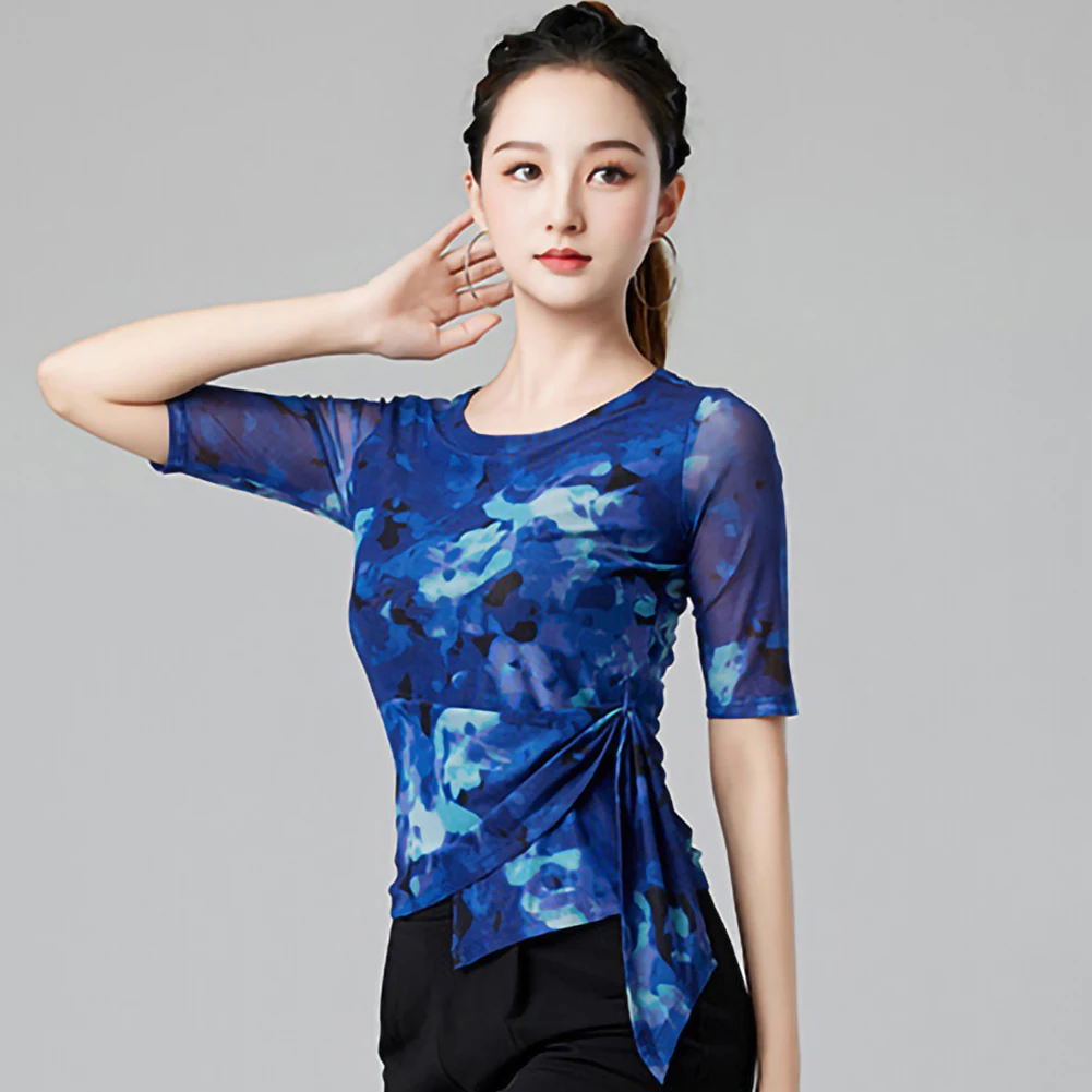 Латинский топ, женский топ с длинным рукавом GB Choreography Practice, синее новое тренировочное платье для самбы, рубашка для выпускного вечера, сетка с круглым вырезом