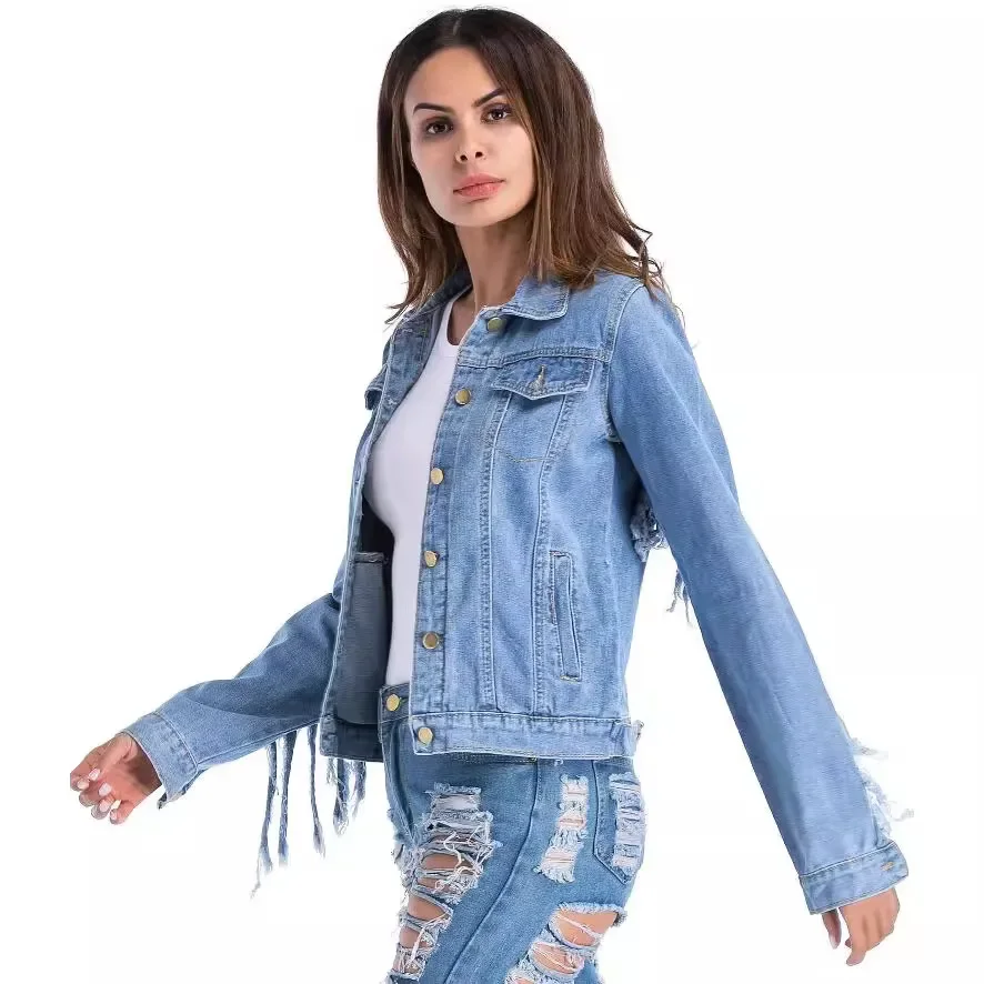 Back Sleeves Tassel Denim Jacket Coat 2024 Autumn New Jaquetas Blue Jean Jacket Woman