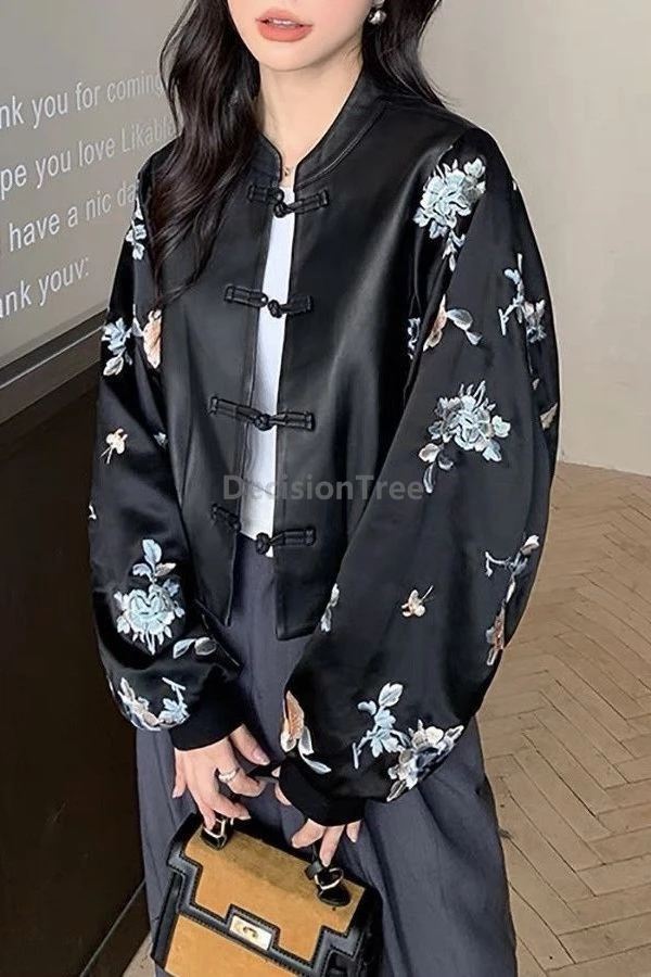 

2025 leather jacket embroideried new chinese style advanced sense patchwork tang suit coat retro stand collar disc buckle coat