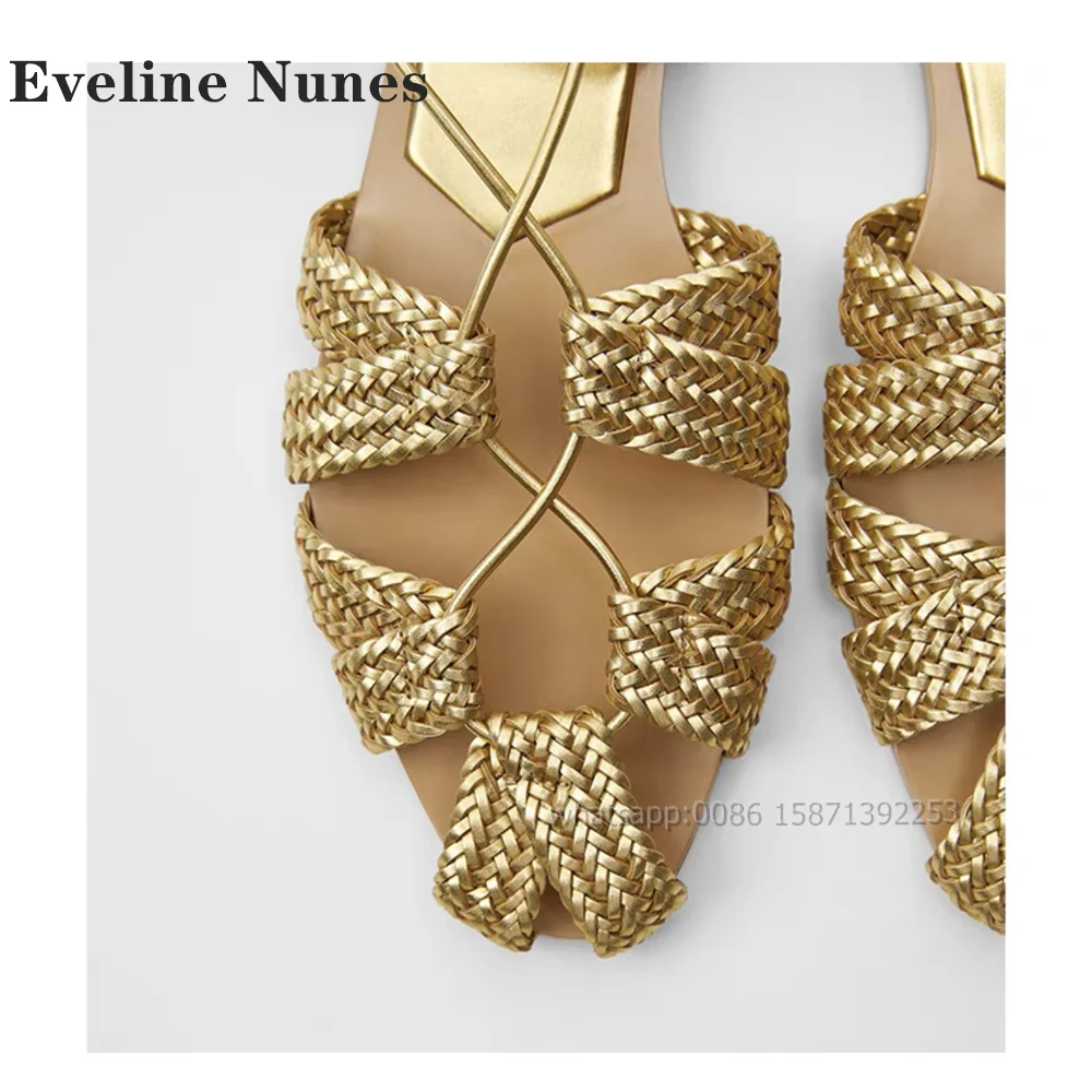 Woven Golden Shallow Flat Sandals Round Toe Hollow Out Ankle Strap Side Air Splicing Rome Shoes Vacation Casual Summer 2024 Shoe