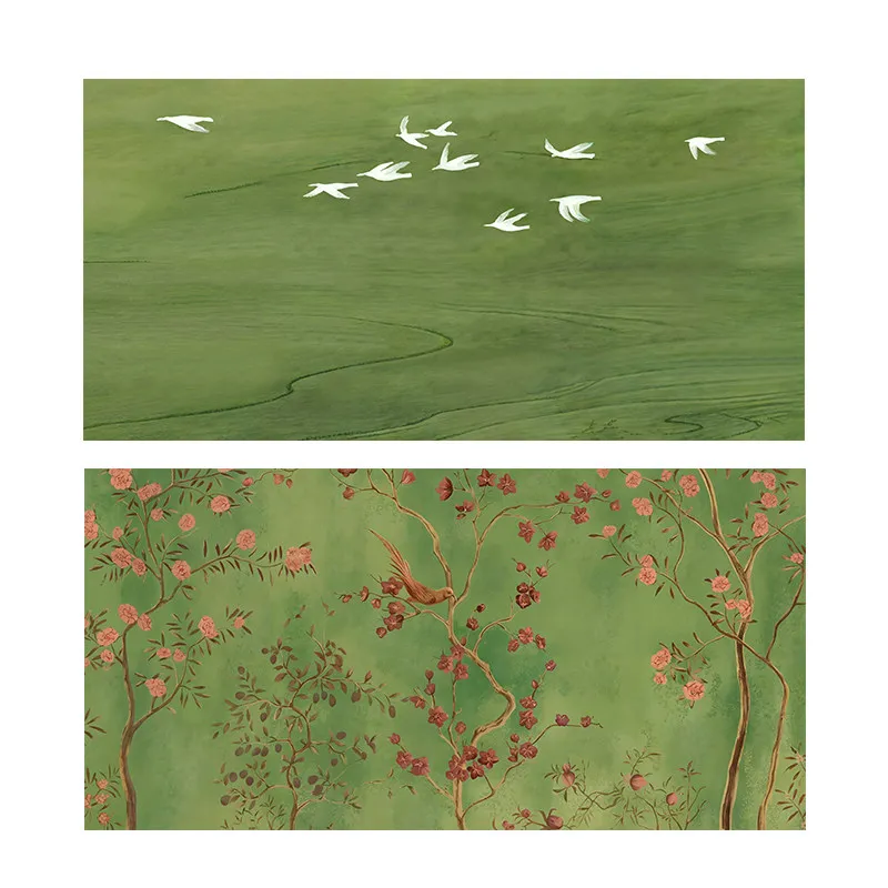 

Modern Oriental Bird Blossom Canvas Poster Dual Panel Art Elegant Green Landscape Flying Floral Branches Painting Wall Decor