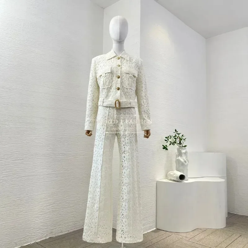 

white lace patchwork long sleeve jacket tops and pants sets 2025 Cotton