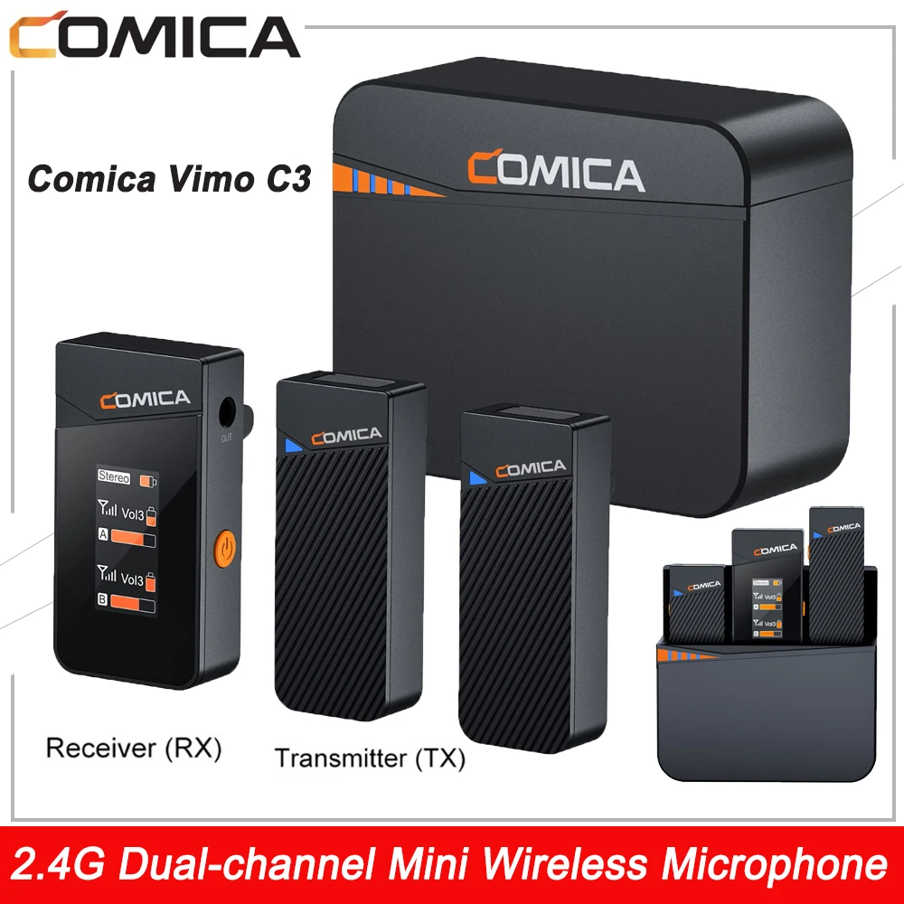 

Comica Vimo C3 Wireless Lavalier Microphone Mini Lapel Mic Portable Audio Recording For Smartphone DSLR Camera With Charging Box