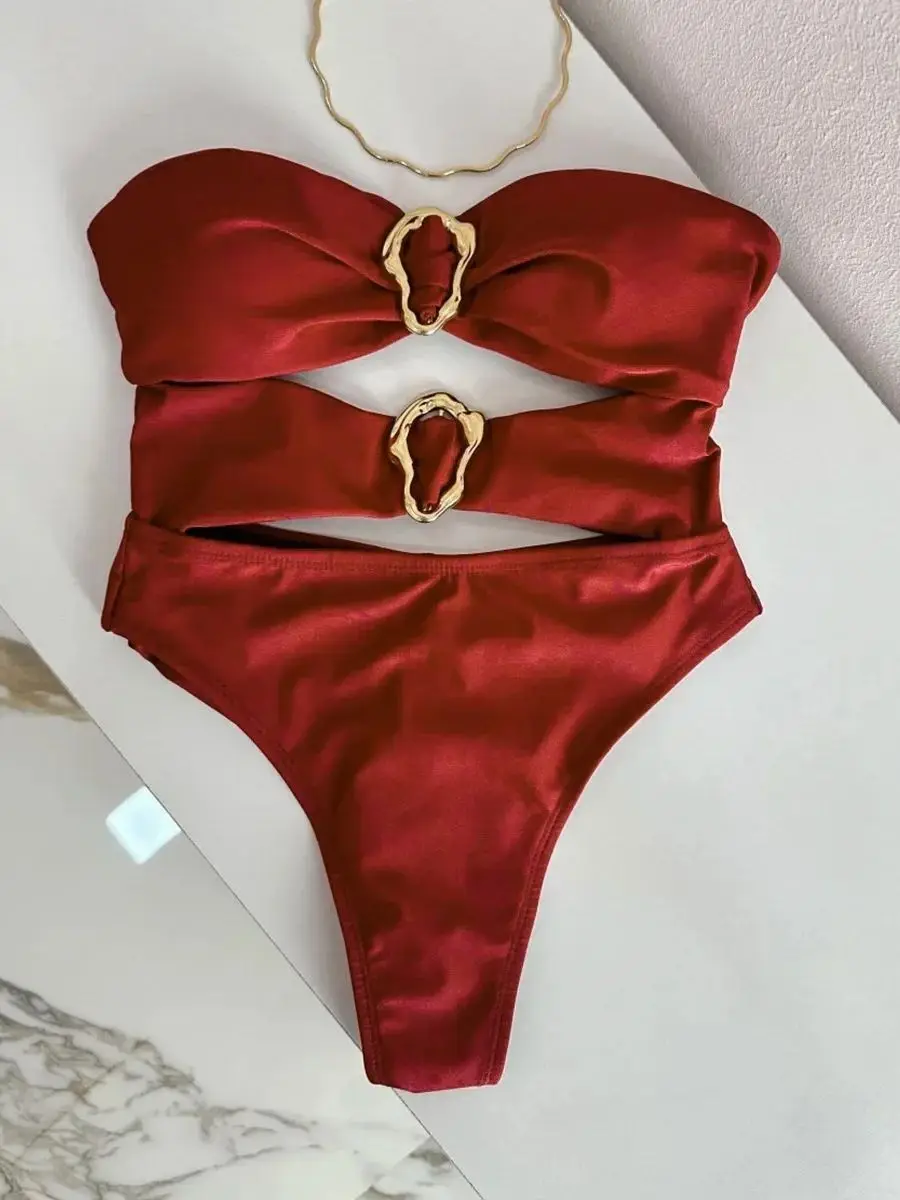 

Sexy Red One Piece Swimwear Women Removable Shoulder Strap Ring Linked Bikini Monokini 2026 Backless Hollow Out Beach Swimsuit