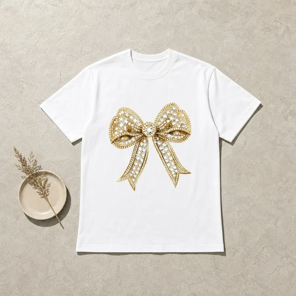 Y2K T-Shirt with Golden Bow for Women - Short-Sleeved Round Neck Tee Perfect for Casual Spring Summer Wear