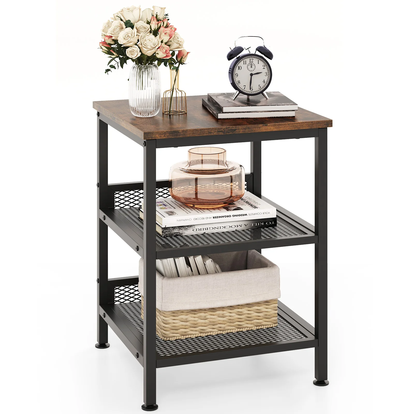 GOFLAME 3-Tier End Table Industrial Square Telephone Table with 2 Mesh Storage Shelves & Metal Frame