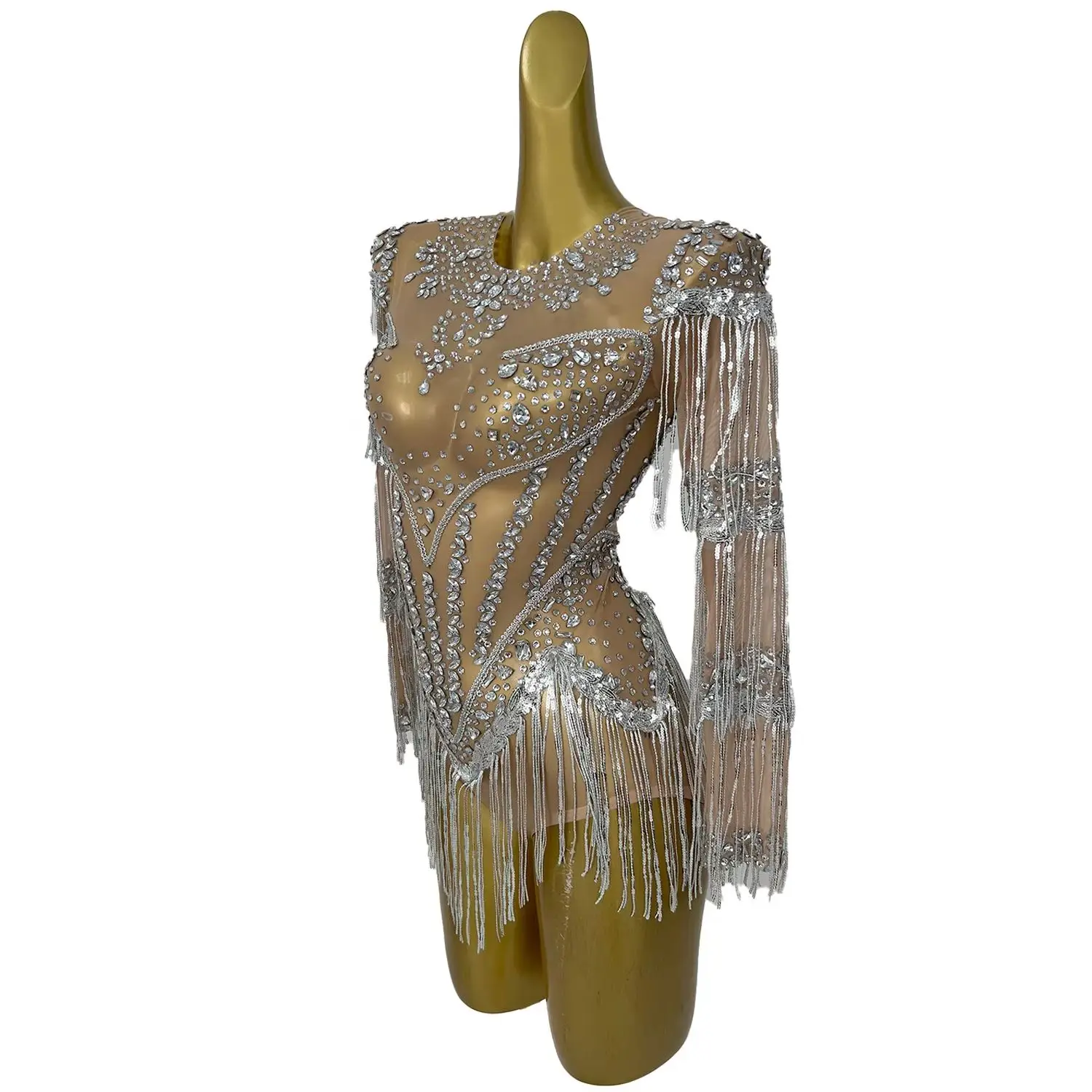 

Sparkly Rhinestones Sequins Tassel See Through Mesh Bodysuit for Women Sexy Club Performance Dance Costume Showgirl Stage Wear