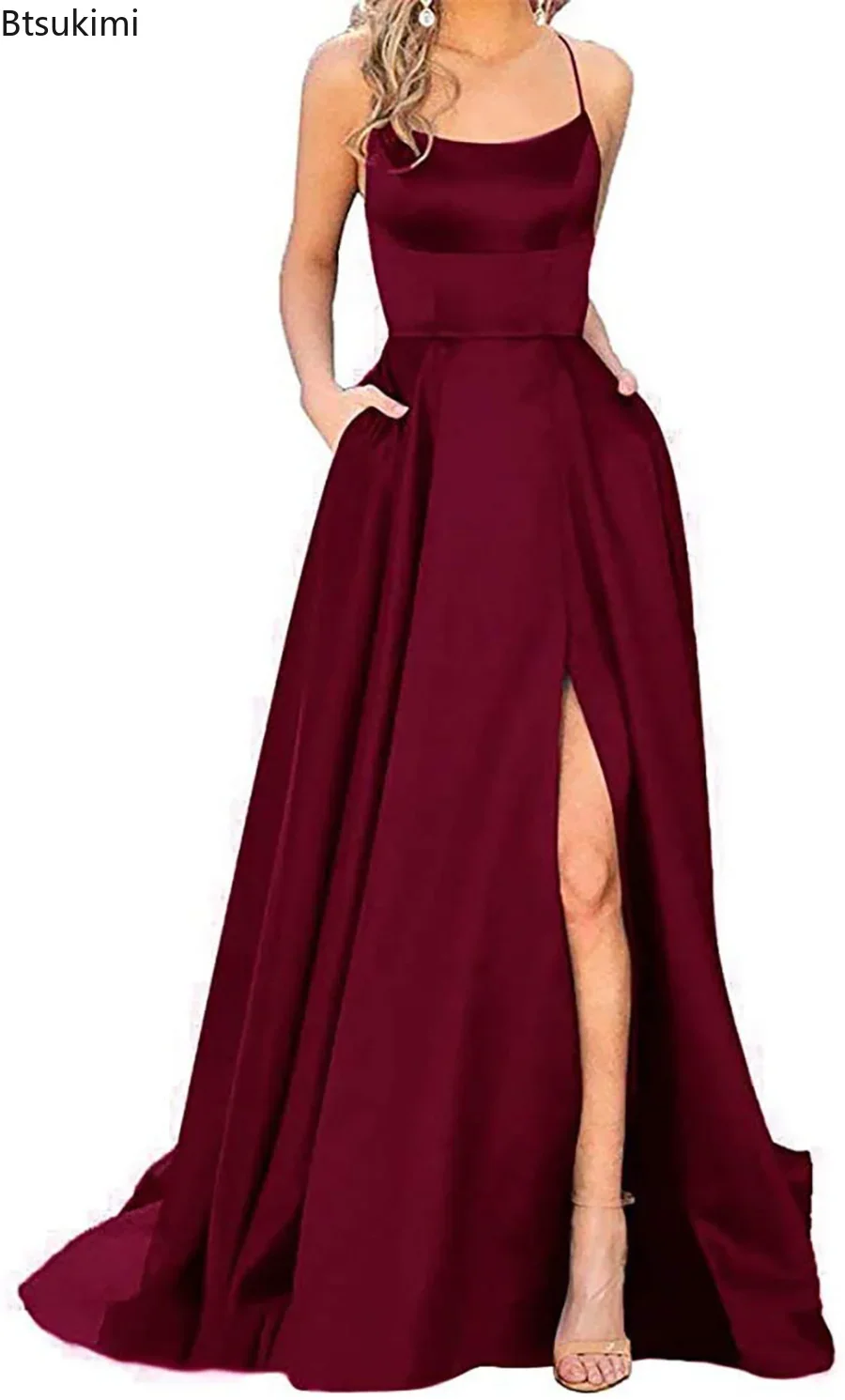 2024 Women's Elegant Prom Dress Sexy Backless Long Dress Satin Italian Noodle Party Prom Dress Slim Bridesmaid Evening Vestido