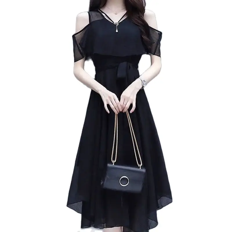 2025 Female Elegant Fashion V-neck Zipper Off Shoulder Short Sleeve A-LINE Dress Summer Black Solid Color Chiffon  Ladies Dress