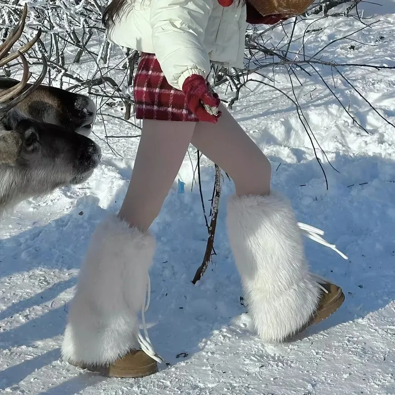 2026 النساء الشتاء الدافئة التمهيد الأصفاد أسود أبيض القهوة تدفئة الساق الشريط Bowknot فروي أفخم غطاء جورب طويل رشاقته أصفاد للأحذية عالية الرقبة