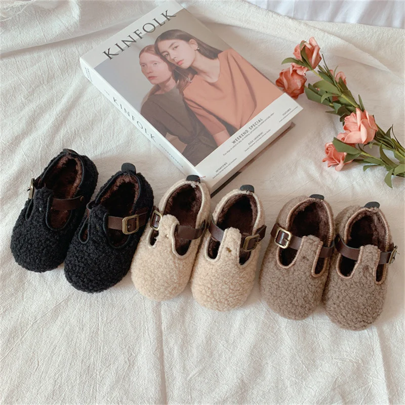 Toddler Baby Shoes Winter Buckle Fleece Peas Shoes Warm Cotton Shoes Soft Bottom Girls Shoes Non-slip Casual Kids Flats 21-30