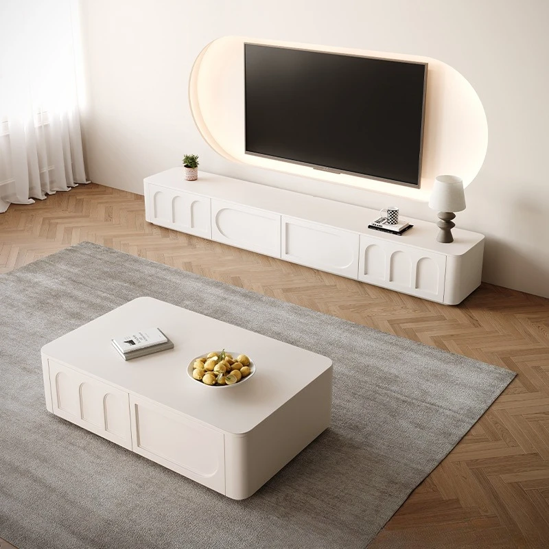 Rock slab floor-to-ceiling TV cabinet coffee table combination living room household cream wind solid wood baking paint