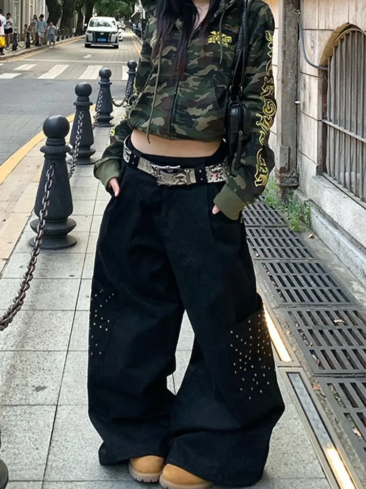 ديبتاون جينز بوي فريند أسود عتيق للنساء فاسق مغسول بأرجل واسعة على الطراز الأمريكي من قماش الدنيم ملابس شارع كبيرة الحجم