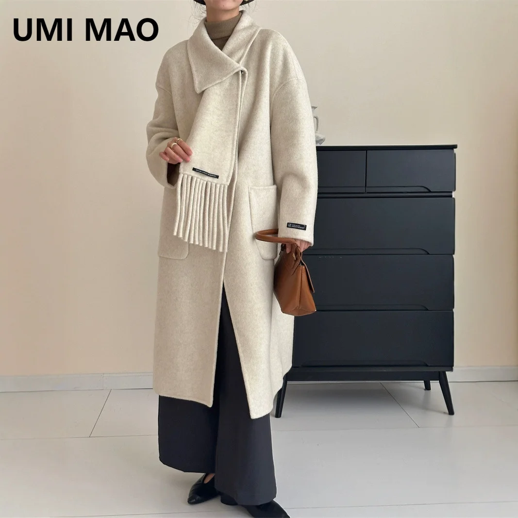 UMI MAO Scarf Style Single Row Two Button Off Shoulder Sleeves Wool Double-sided Cashmere Jacket Woolen Coat Female Overcoat