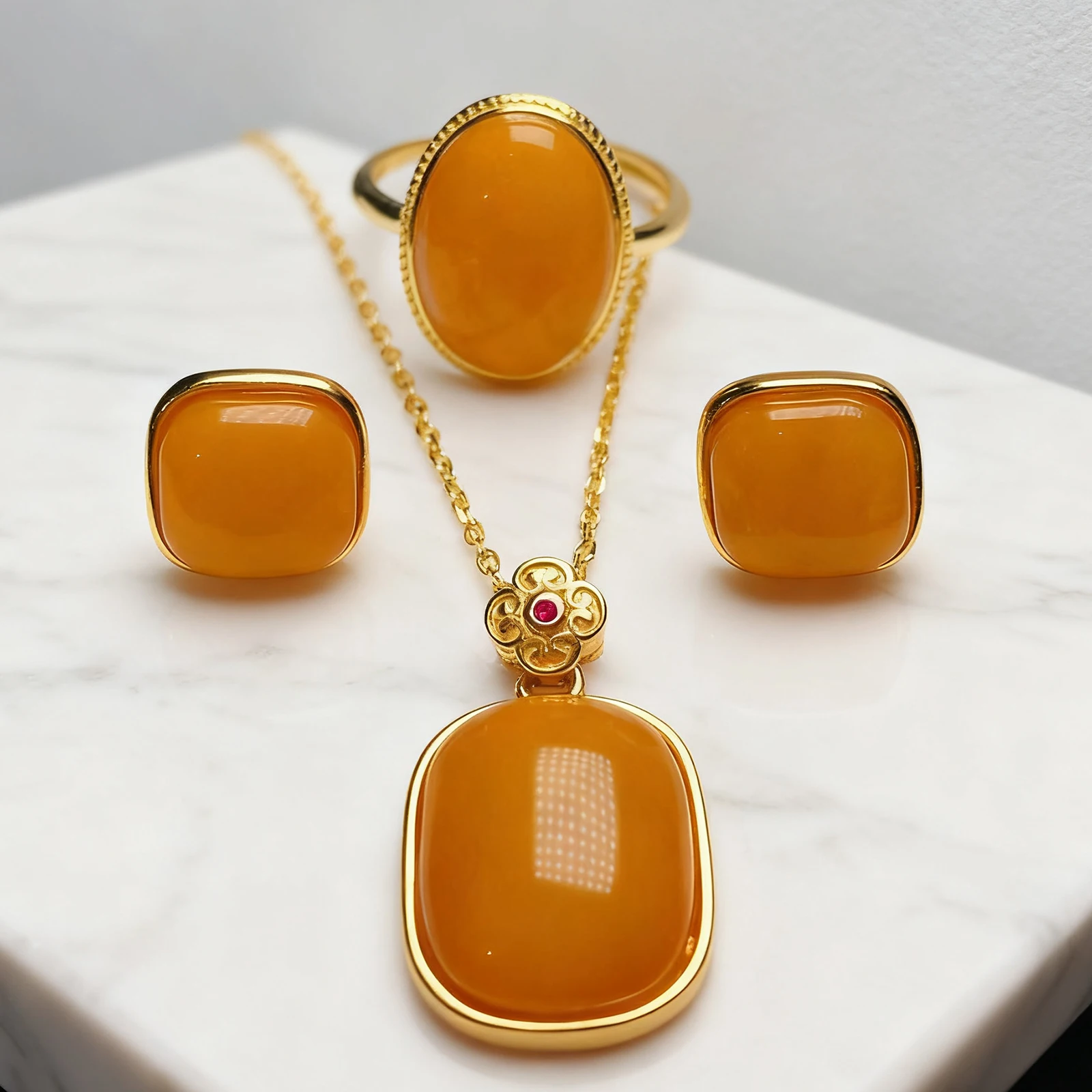 

Women's Amber Jewelry Set Necklace Earrings Ring Sterling Silver Rose Gold Plated Natural Baltic Amber Love Gift forHer Romantic