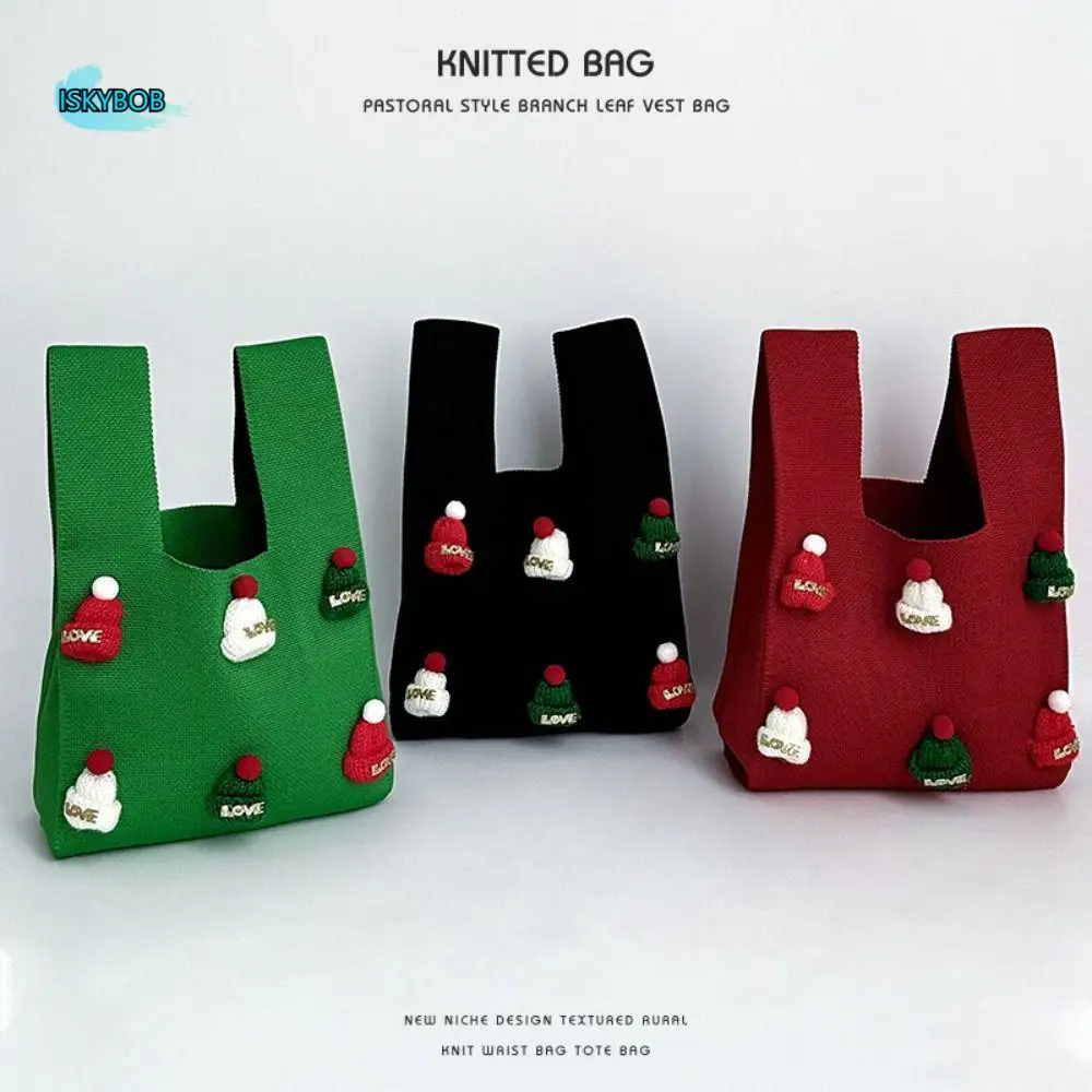 

Simple Christmas Hat Knot Wrist Bag Printed Weave Christmas Knitted Bag Purse Handbag Festival Gift Bag Travel