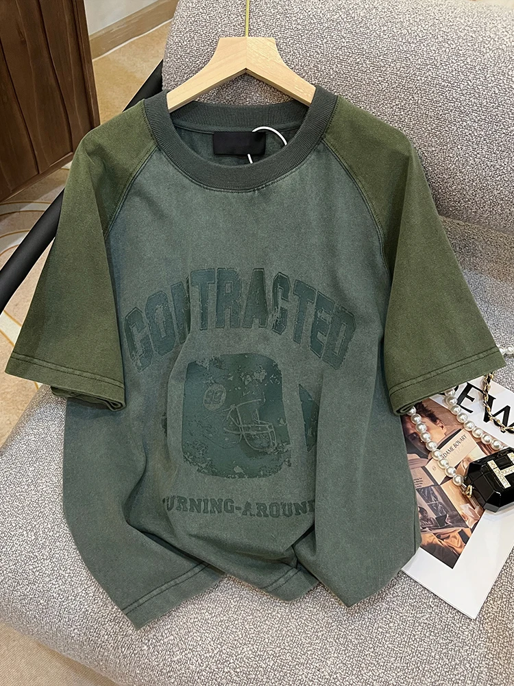 

American Vintage Heavy Oversize Washed Distressed Loose Raglan Sleeve T-shirt Men's and Women's Contrasting Couple Tops