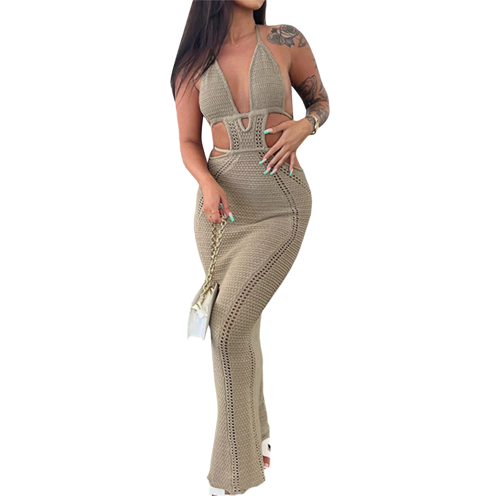 Women Halter Bodycon Long Dress Sexy Hollow Out Open Back Sleeveless Backless Knit Beach Dress Slim Fit Clubwear