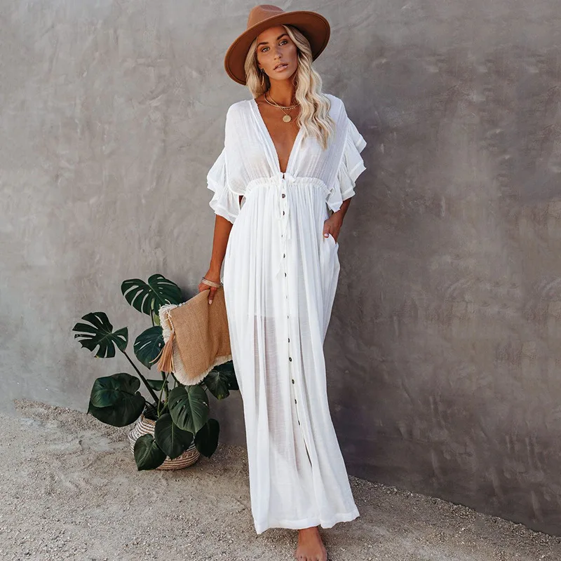 New slubby cloth button waist rope long skirt cardigan Holiday Beach coat sunscreen coat long skirt bikini blouse girl