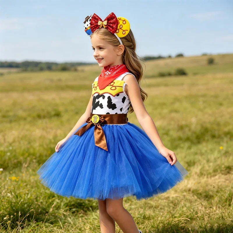 Mädchen Western-Ranch-Stil Trägerkleid mit Tüllrock-Set, Kuh-Print-Kleid, Kinder-Halloween-Kostüm Geburtstagskleid – Detail 9