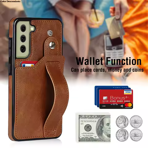 Wrist Strap Leather for Samsung Galaxy S22 S23 S21 FE Ultra Plus Note 20 A52s A72 A33 A53 A73 5G Case with Credit Card Holder