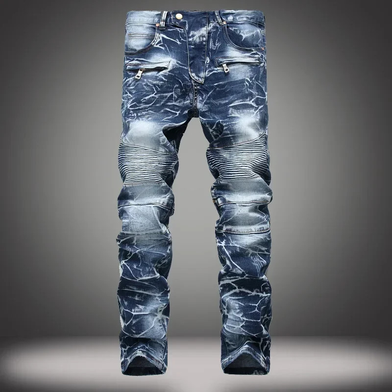 Jeans Men Denim Pants Long Pant Print Splice Simple Pockets Regular Pleated High Waist Straight Trousers Casual Autumn Winter