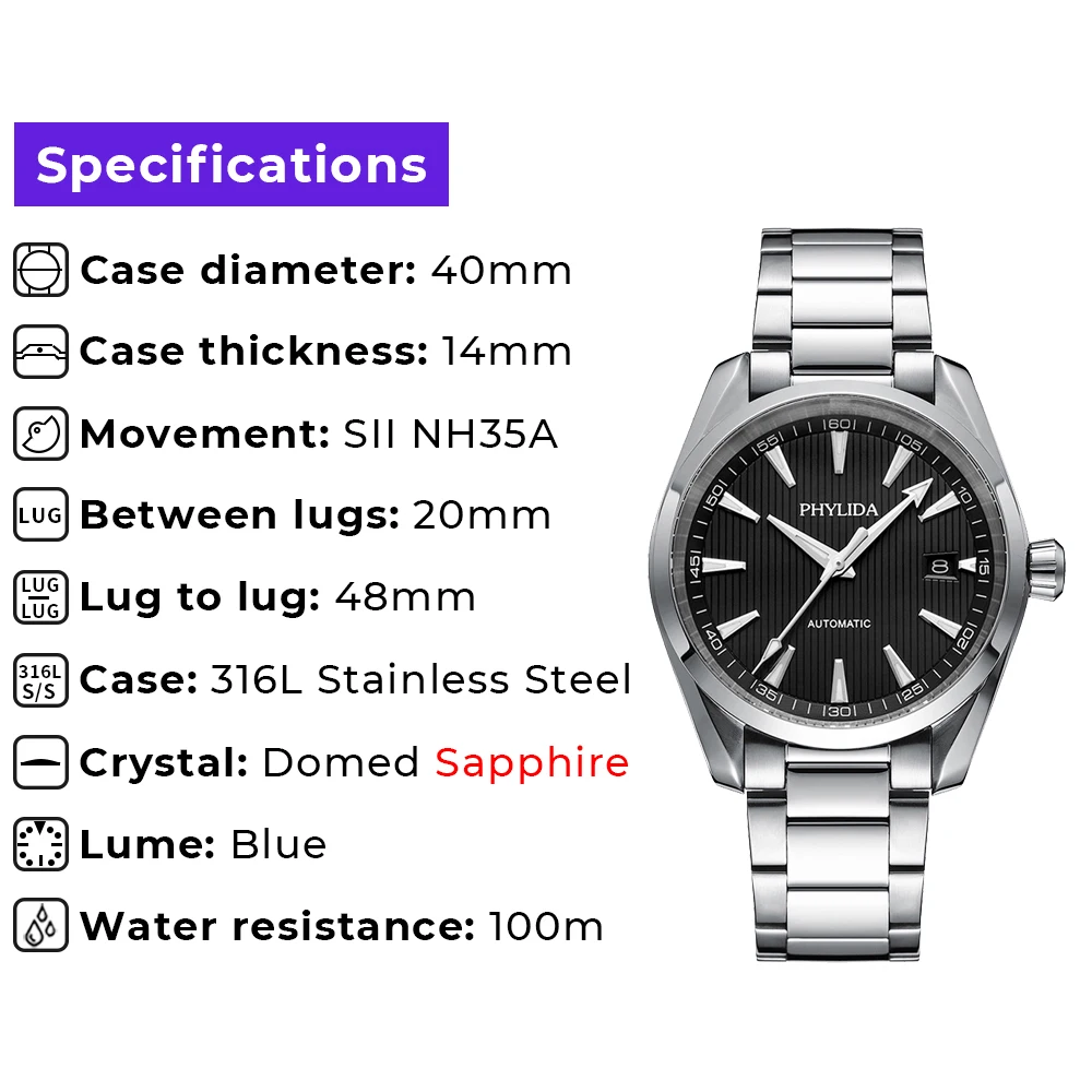 PHYLIDA 40mm NH35 Automatic Watch Black Dial Fashion Classic Mechanical Wristwatch Solid SS Sapphire Crystal 100m WR