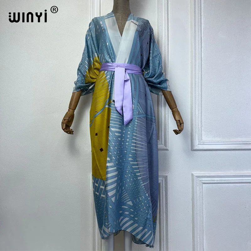 NEW WINYI summer 2024 print Middle east kimono beach cover up dress elegant African women boho Cardigan Holiday maxi abaya