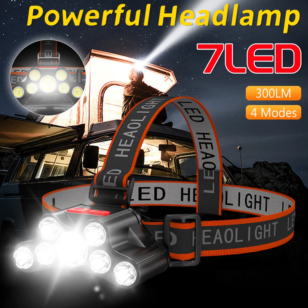 7 LED Flashlight Rechargeable with Built in Battery Strong Light Camping Adventure Fishing Head Light Headlamp Waterproof Lanter