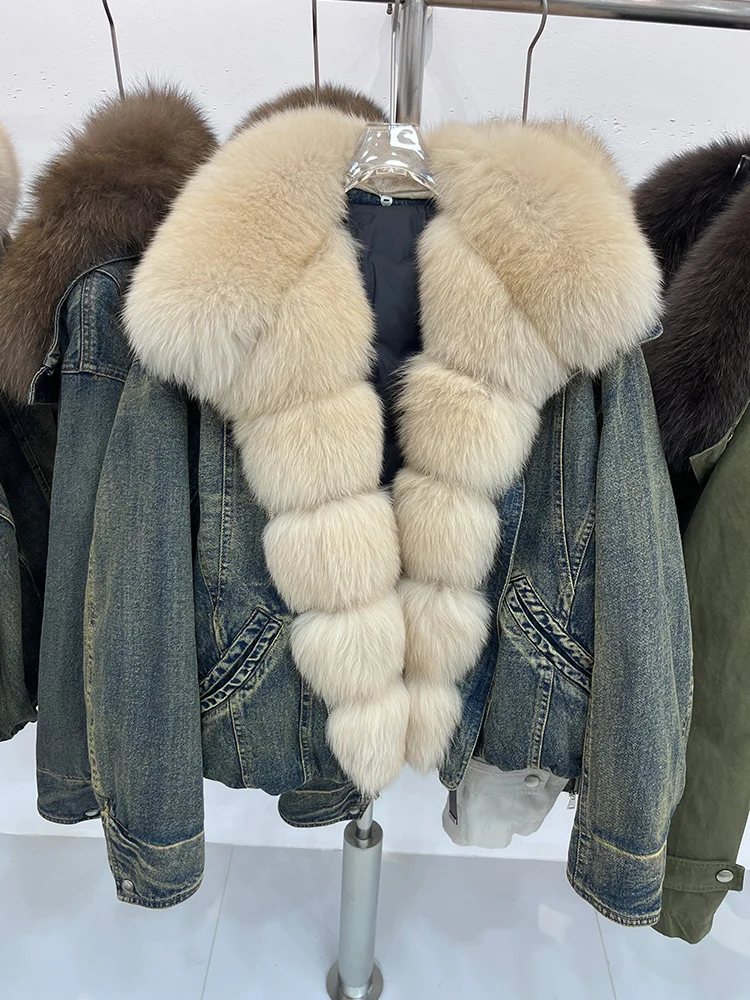Neue Winter Luxus Weibliche Denim Jacke frauen Gans Unten Jacke Natürliche Echt Fox Pelz Kragen Mäntel Outwear