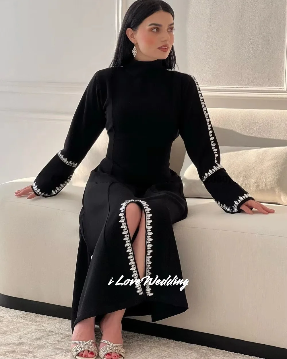 

Black High Collar A-Line Beaded Long Sleeve Evening Dress Split Bespoke Occasion Dresses Backless Floor- Length Pleated Customiz