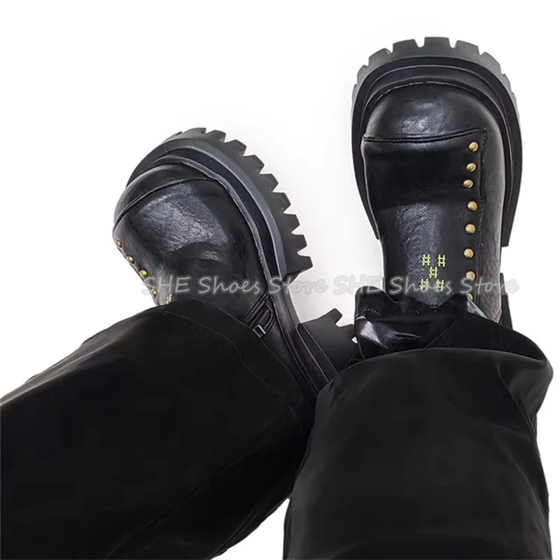 Punk Rivet Decor High Top Women Leather Derby Shoes Chunky Bottom Height Increasing Sneakers Lady Outside Casual Shoes